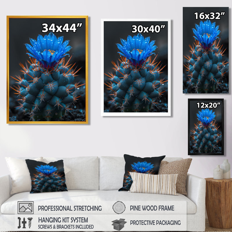 Cactus bleu et noir clair de lune, désert, rêve II - art mural floral cactus, Toile tendue, H 20 po x l 12 po x P 1 po