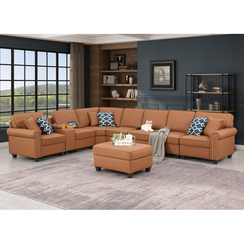 Faux Leather L-Shaped Sectional, Brown Faux Leather