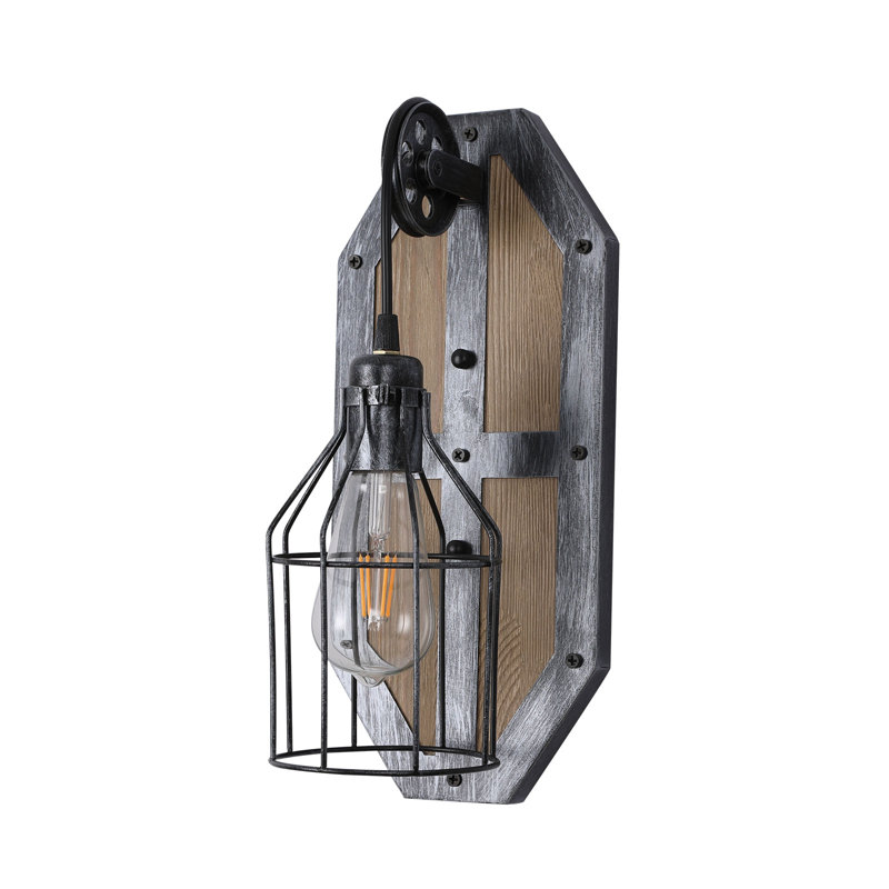 Applique murale industrielle 14,7 po avec cage en métal et base en bois