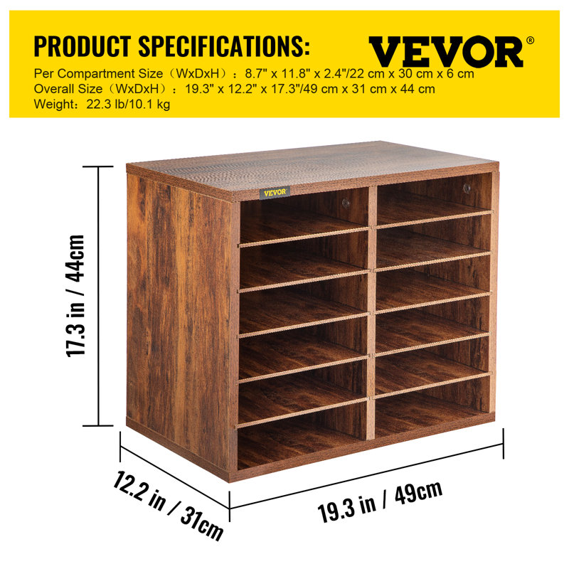 VEVOR Manufactured Wood 12 Compartment Mailroom Table Accessory, Brown
