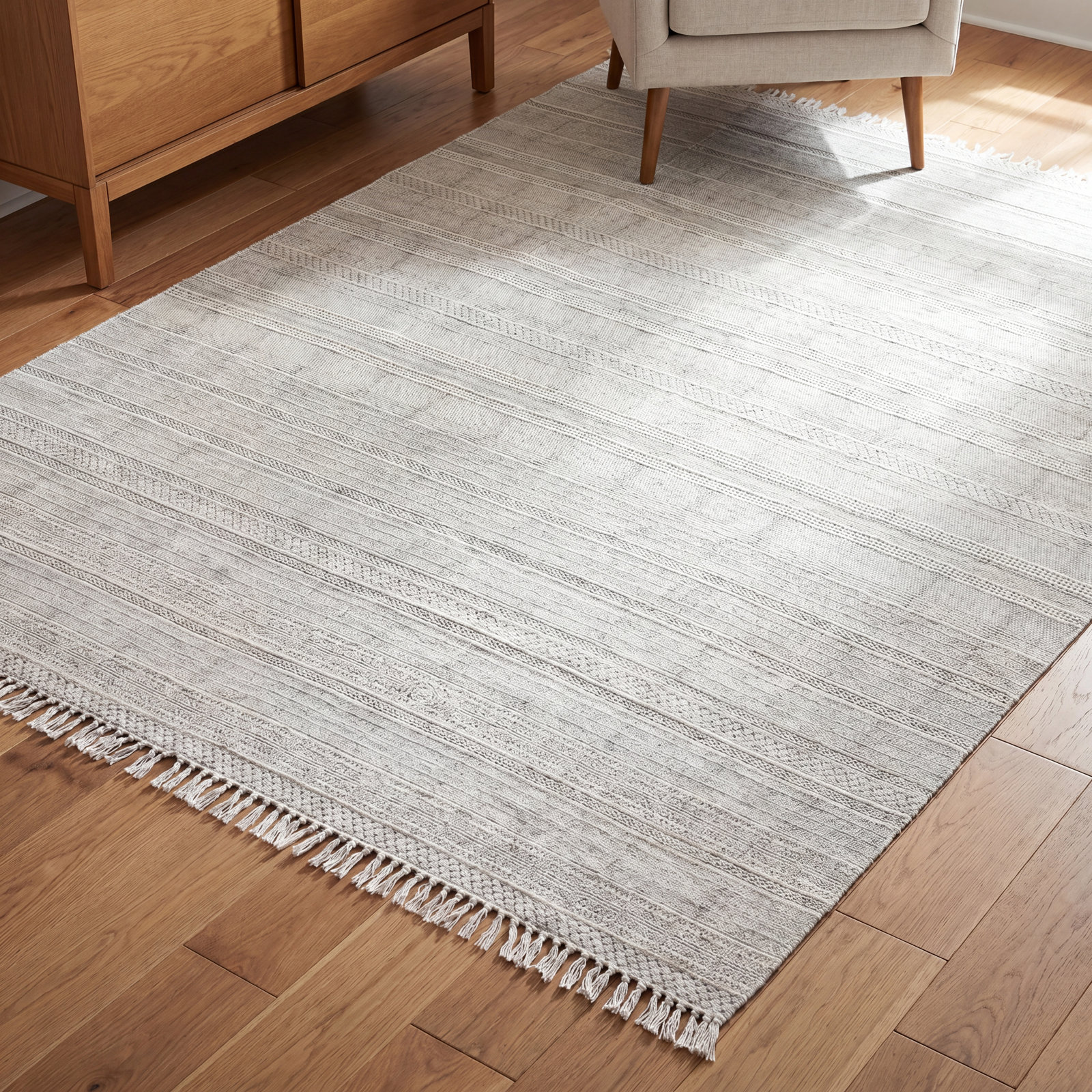 Charcoal Ivory Striped Hand-Woven Cotton Rug, Rectangle 2' x 3'