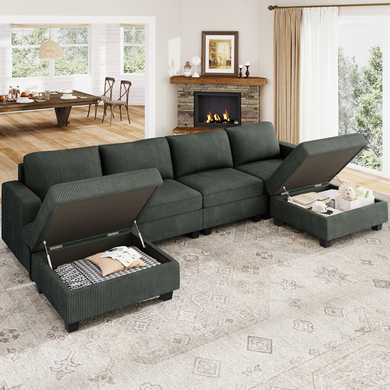 Canapé modulaire en U avec rangement Anureet, H 35 po x l 120,6 po x P 60,7 po, Velours côtelé vert, Non