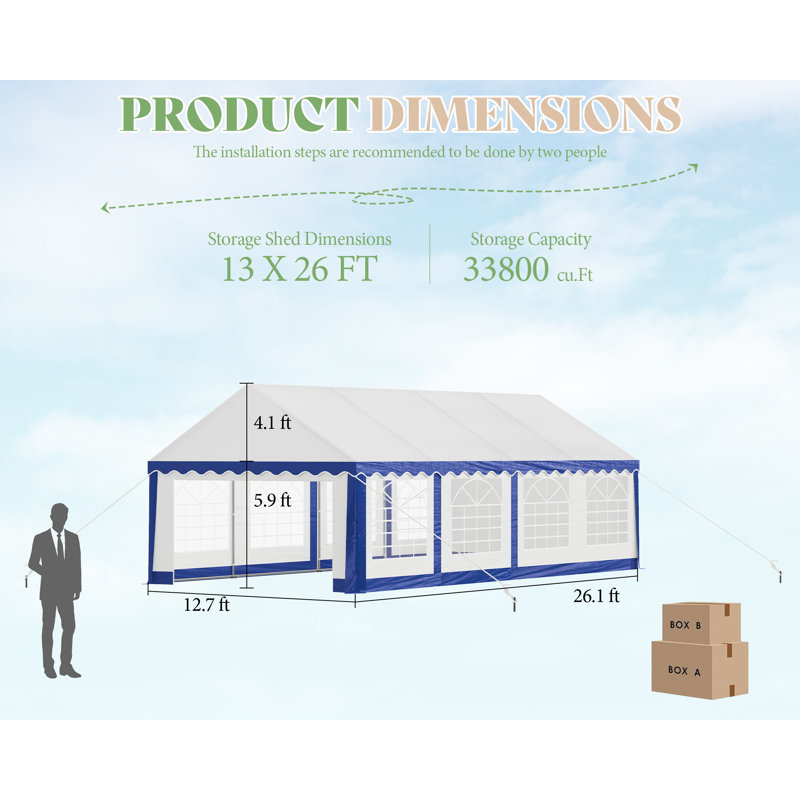  13FT x 26FT Canopy With Rolled Sidewalls,White & Blue, 13 (ft.) x 26 (ft.), White/Blue