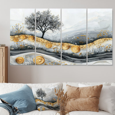 «Golden Wildflowers Crystal River Landscape II» - décoration murale fleurs sauvages - art mural traditionnel 4 pièces