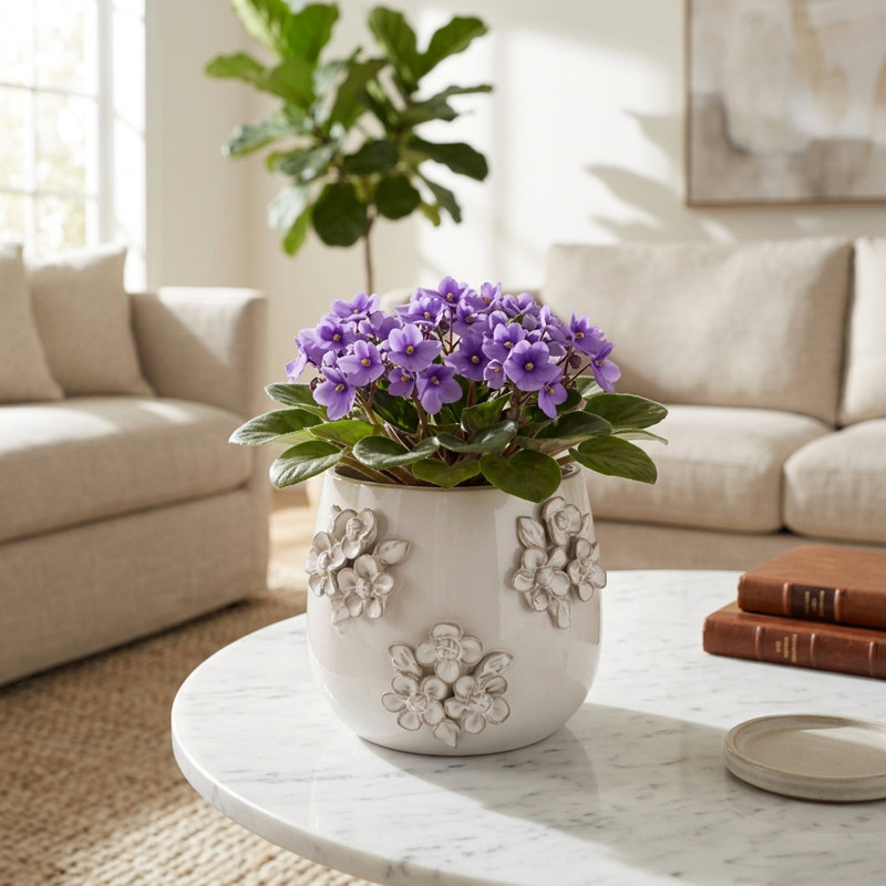 Pot de fleurs rond moderne en céramique à motif floral pour terrasse de jardin - Pot de fleurs d'intérieur élégant pour la décoration de salon - Ivoire