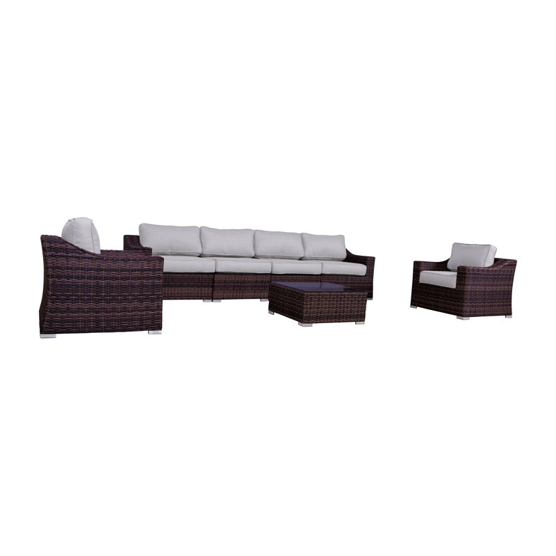 Moyeda Wicker Fully Assembled 6 - Person Seating Group with Cushions | Complete Outdoor Seating Set, Brown, Olefin Gray