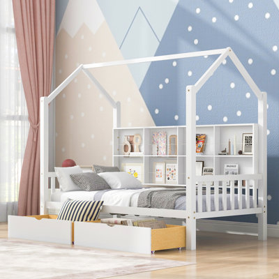 Lit simple en bois avec 2 tiroirs, lit pour enfant avec tablette de rangement