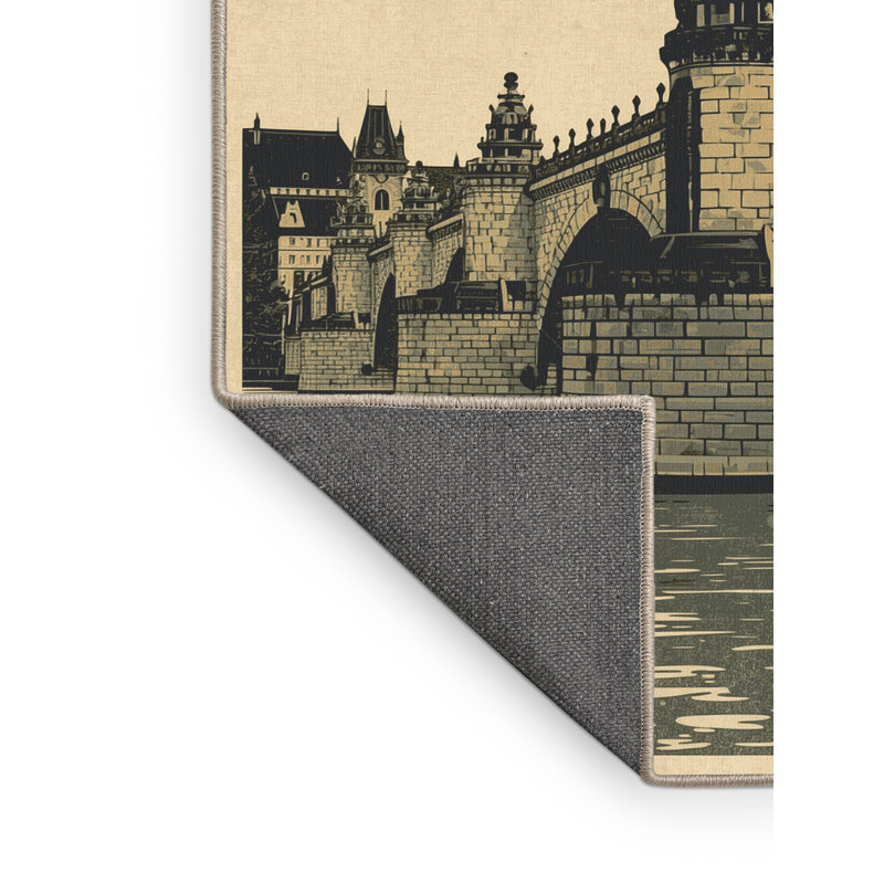 Soft Plush Collier Prague Charles Bridge Vintage Block Print Area Rug in Beige – Beige Binding, 8x10