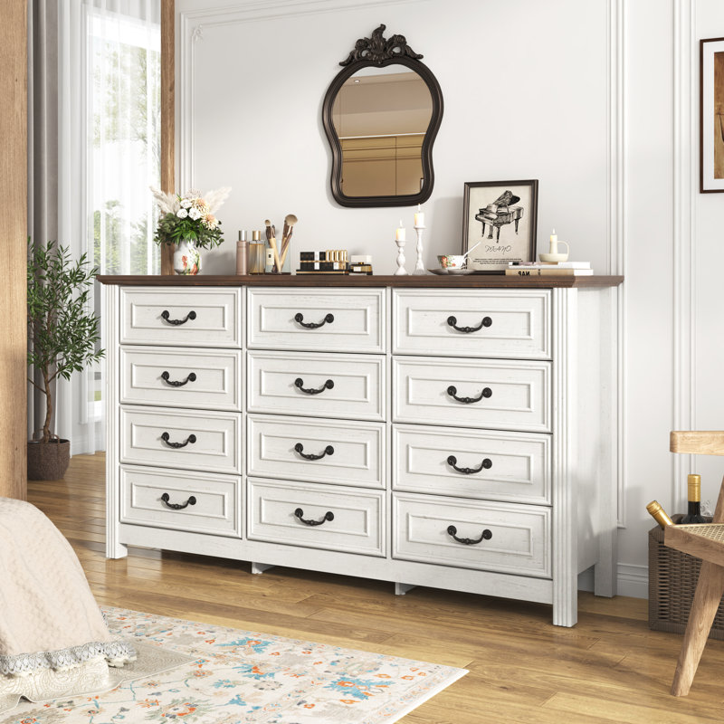 Farmhouse 12 Drawer Dresser for Bedroom, 63” Wood Chest of Drawers with Rustic Handles, Wide Closet Dressers Organizer, White