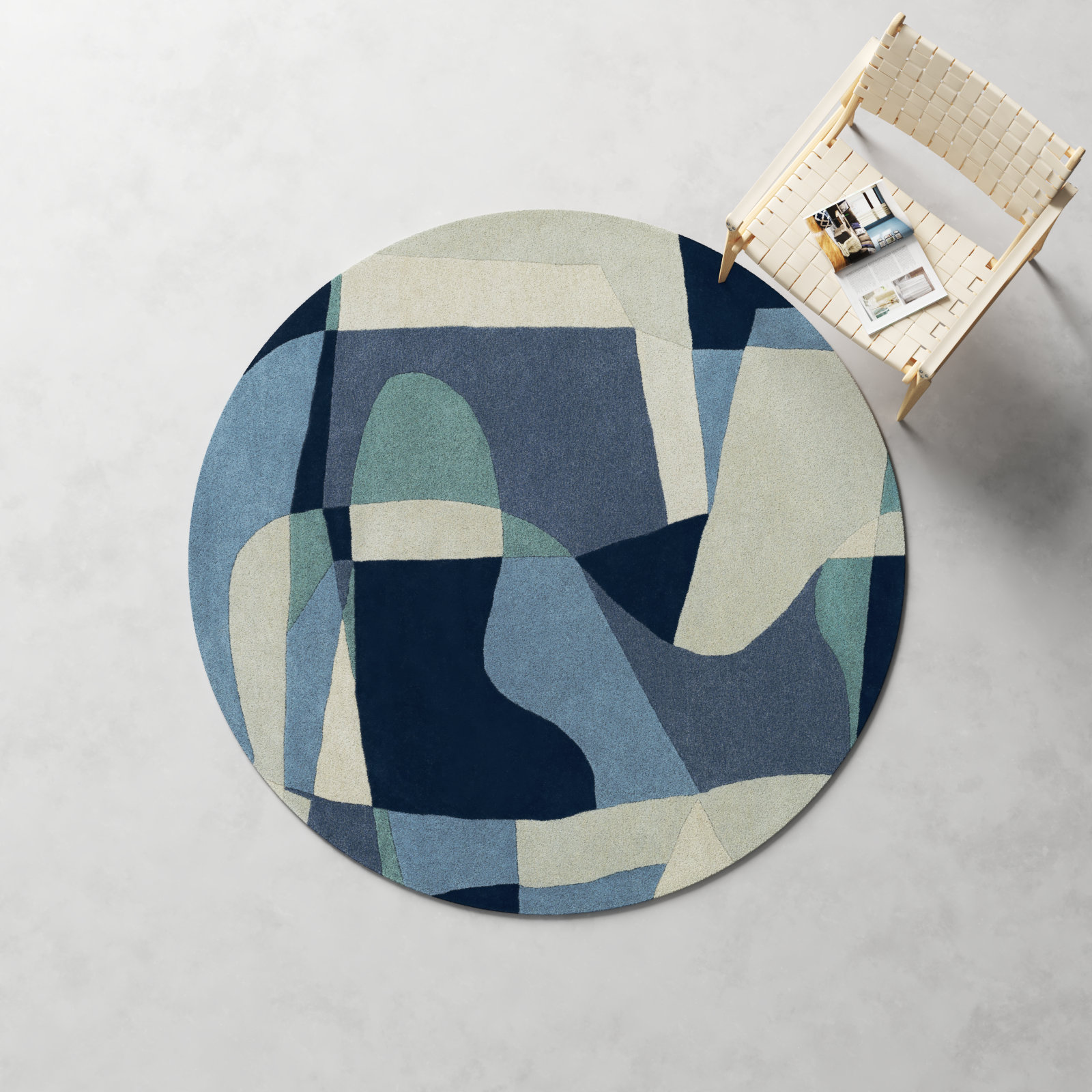 Gaye Teal Navy Beige Hand-Tufted Geometric Rug, Round 6'