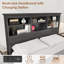 Structure de lit plateforme très grand avec tête de lit bibliothèque, station de charge (USB et Type-c), haute tête de lit en bois, rangement sous le lit de 9,6 po, aucun sommier nécessaire, noir