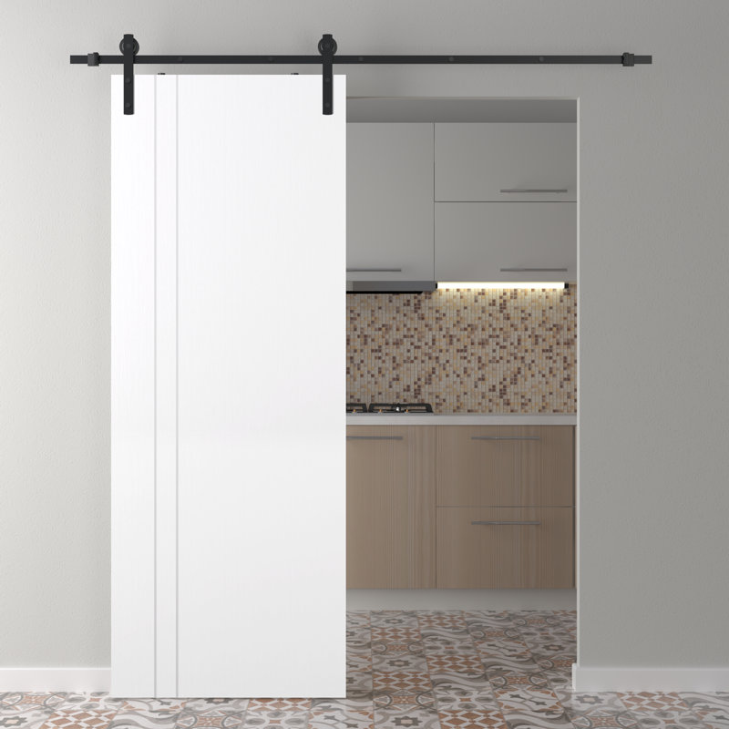 Porte de grange coulissante en bois manufacturé Optima 2V avec quincaillerie, 17,75 po x 79,37 po, Blanc neige