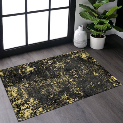 Tapis lavable à la machine de 2 pi x 3 pi noir + chenille douce dorée pour un décor confortable et antidérapant