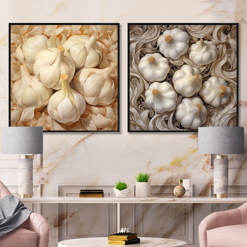 Garlic Ivory Intricacy - Vegetables Square Collage Set Of 2, Black Framed, 16" H x 33" W