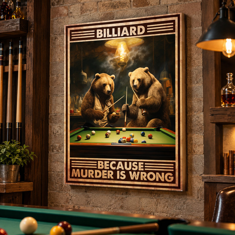 Art mural sur toile, "Billiard due Murder Is Wrong Two Pool Bears" - salon, chambre à coucher ou bureau, L 8 po x H 10 po