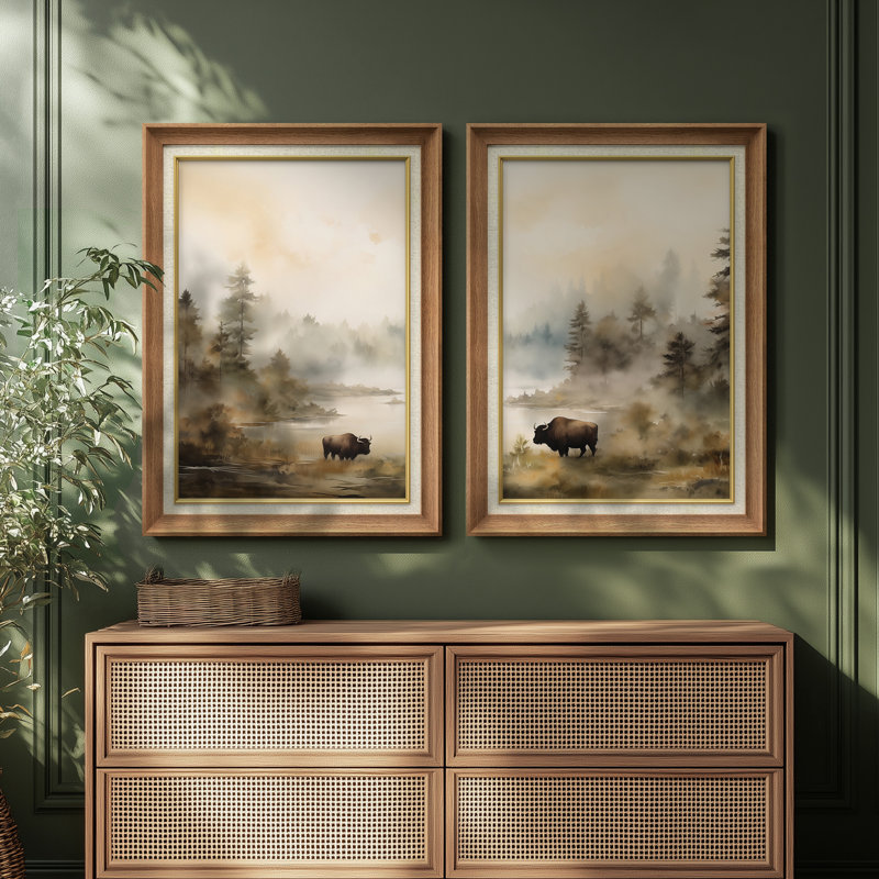 Misty Lakeside Bison Landscape Soft Atmospheric - ensemble de 2 reproductions d'art encadrées de qualité supérieure sur papier 26 po x 36 po