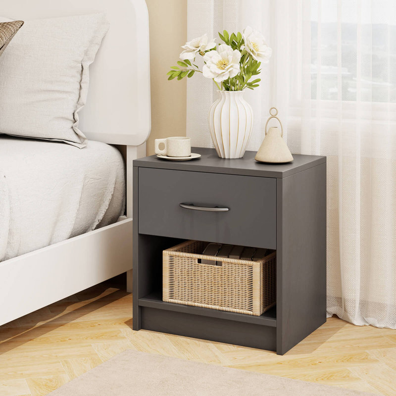  Modern Nightstand Bedside Table With Drawer Open Storage Shelf For Small Spaces , Grey
