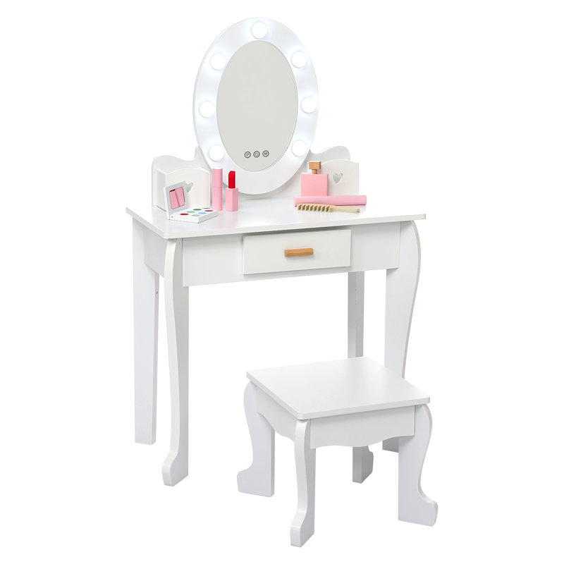 Lighted Mirror Kids Vanity Set, Wooden Dressing Table with Stool and Storage for Pretend Play