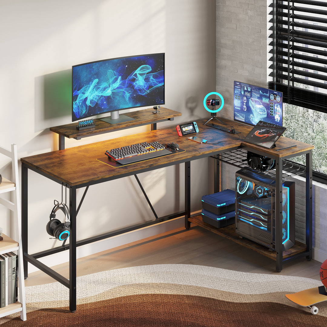 L-shaped Computer Desk with Power Outlet, Gaming Desk with Monitor Stand and Shelves