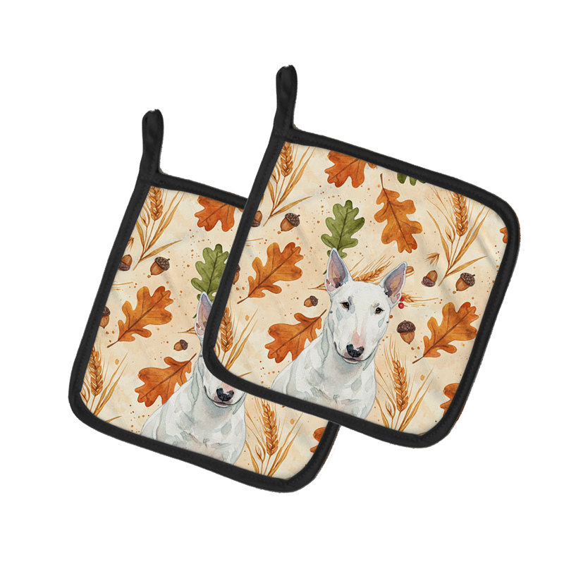 White Miniature Bull Terrier Heirloom Fall Pair of Pot Holders