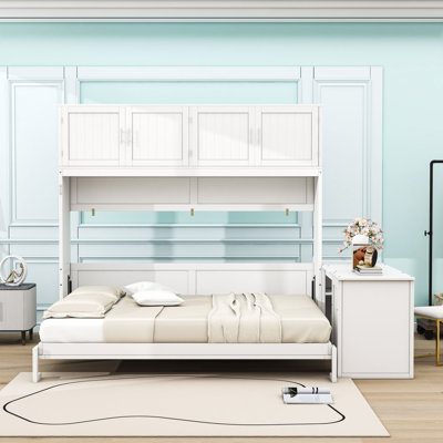 Grand lit escamotable mural avec bureau et tablettes de rangement