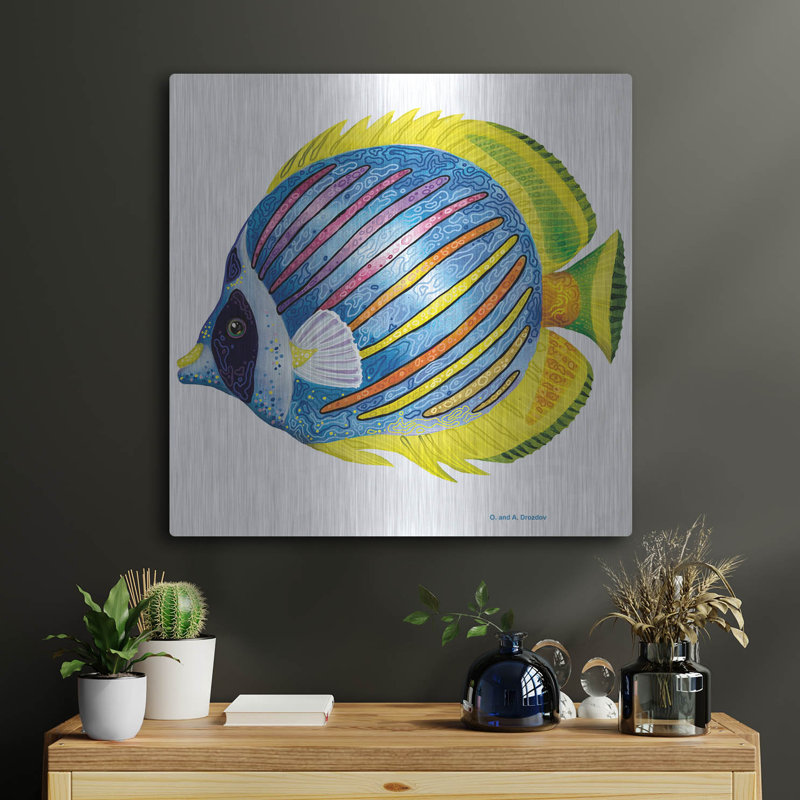 Beachcrest Home ™ «Fish 1 Blue Yellow» par Olga et Alexey Drozdov, art mural en métal, H 24 po x l 24 po