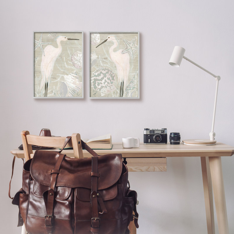 White Heron Nautical Seashells Rustic Starfish Wildlife, L 11 po x H 14 po, Estampe numérique Farmhouse