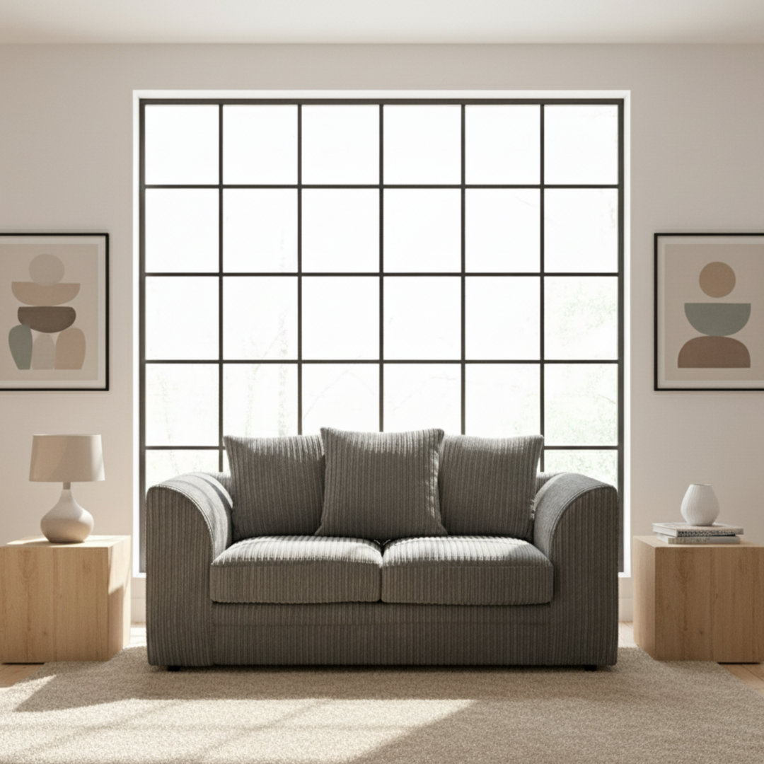2 Seater Jumbo Cord Sofa – Modern Low Back Fabric Couch With Fixed Cushions For Living Room & Lounge