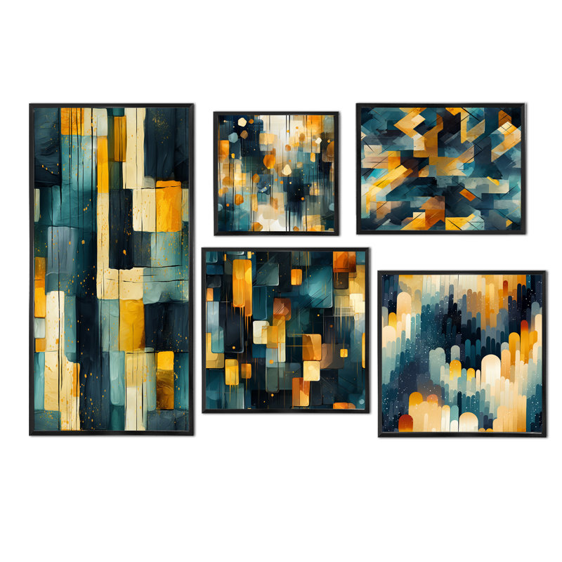 Connely - ensemble de 5 impressions sur toile géométriques, Cadre flottant noir