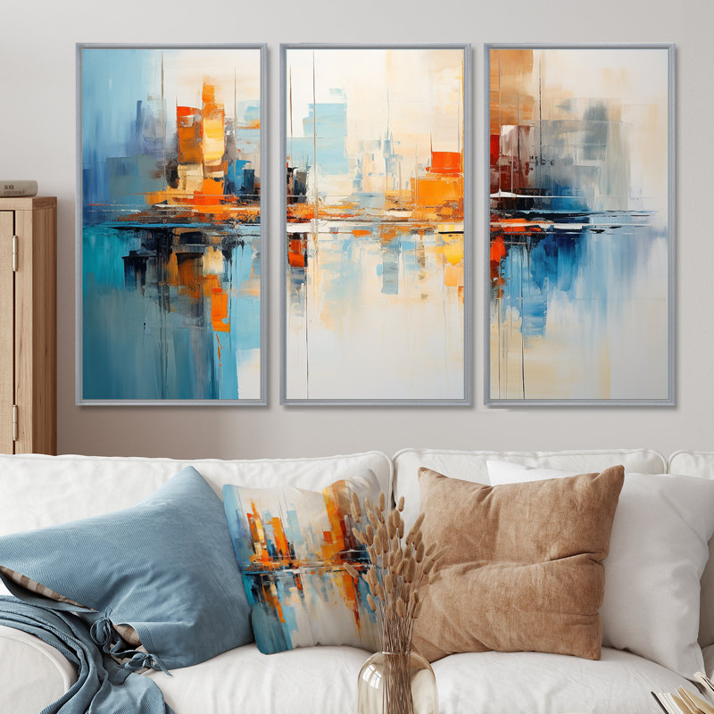 «Distant Sunset New York City», ensemble de décorations murales paysage urbain, Encadrement argenté
