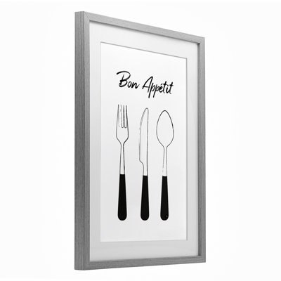 Bon Appetit Fork Knife Spoon Framed Print Under Glass, design by Martina Pavlova