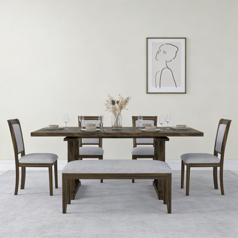6-Piece 76.9Inch Extendable Trestle Dining Table Set With Removable Leaf, Upholstered Chairs & Bench, White