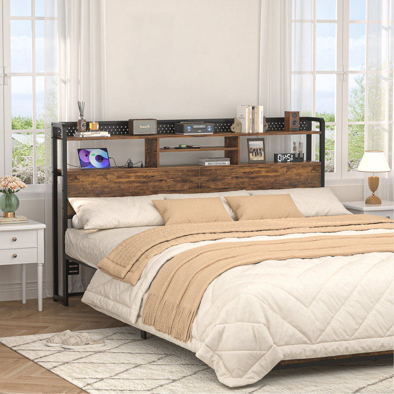 Miljenko Headboard with Led Lights & Charging Station, Brown, King