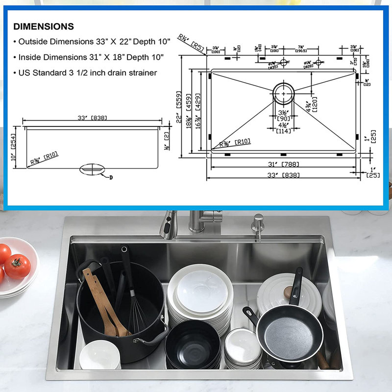 33'' L Drop-In Single Bowl Stainless Steel Kitchen Sink, Brushed