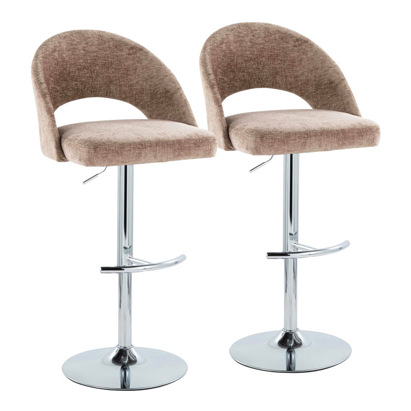 Tabouret de bar réglable avec pivot en métal chromé et tissu brun avec repose-pieds rond en T - ensemble de 2, Brown, Silver