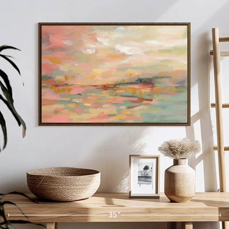 Vagues roses, 25 po x 17 po, Cadre flottant noyer
