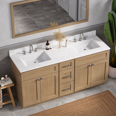 84" Freestanding Double Bathroom Vanity with Carrara Quartz Top, 3 Drawers
