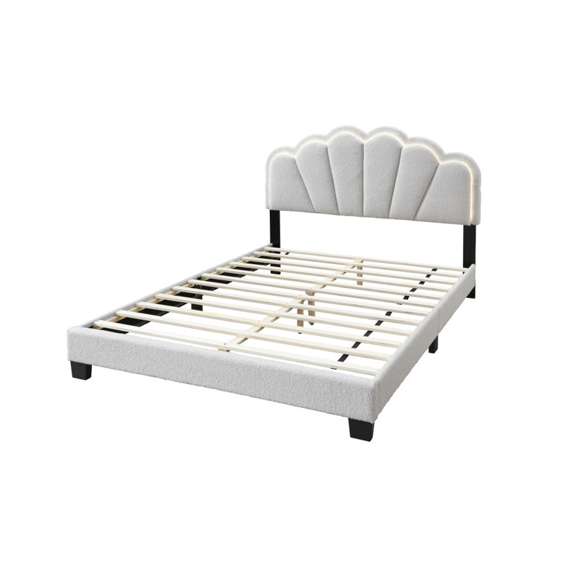 1 tête de lit double en tissu de laine à motif floral avec cadre de lit plateforme entièrement rembourré à DEL