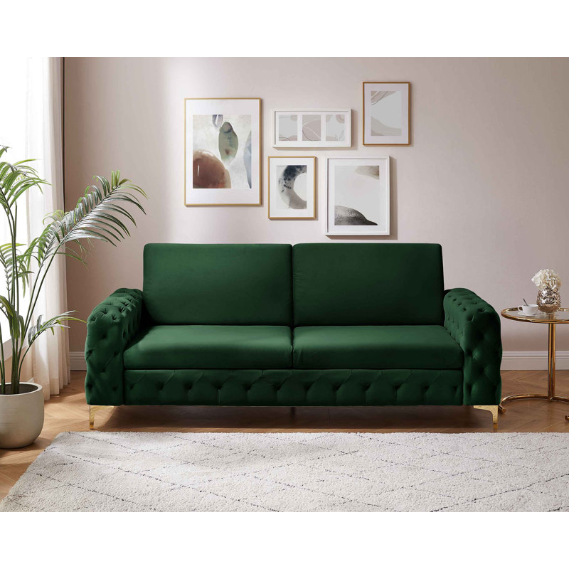 Bushong 222Cm Velvet Square Arms Sofa, Gold, Green Velvet