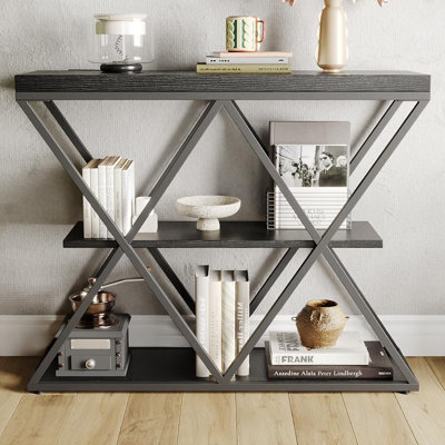 Slim 3-Tier Console Table with Open Storage Shelves – Rustic Farmhouse Entryway Sofa Table – X-Shaped Metal Legs – Space-Saving Living Room or Hallway