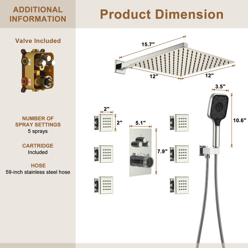 Revitalize 3-Function 12 Inch Wall Mount Rainfall Thermostatic Shower System with 6 Body Jets, Chrome