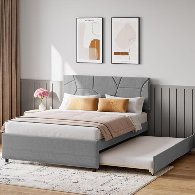 Queen Size Bed Frame with Trundle, Upholstered Platform Bed Frame with Headboard, Trundle Bed Twin, Wood Slat Support, for Bedroom, Living Room, Guest Room