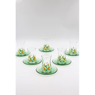 Elegant Tea Glass Set (12 Pieces), Transparent & Green, 2.3 x 2.3 x 3.7 inches (6 Glasses), 5.7 oz | Saucer: 5.0 x 5.0 x 0.6 inches (6 Pieces) | 100% Glass, Hand Wash Recommended, Perfect for Tea Lovers & Entertaining