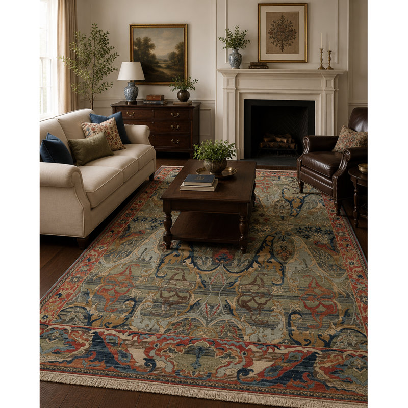 High-Quality Hand-Knotted Charcoal And Red Area Rug, Rectangle 6' x 9'