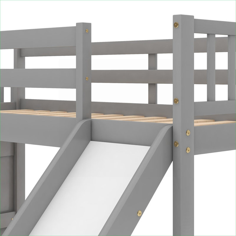 Twin-Sized Over Twin-Sized Bunk Bed Frame with Convertible Slide and Stairway, Gray-Toned Solid Pine Construction, Gray