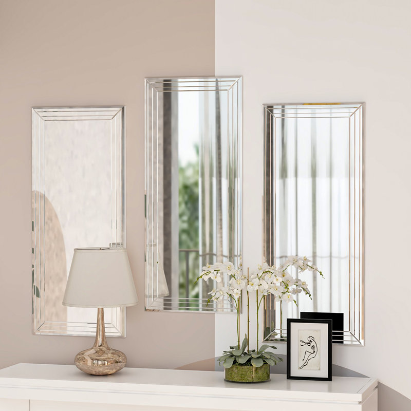 Ensemble de miroirs décoratifs modernes (3 pièces), 11,8 x 27,6 x 0,9 pouces | 100% panneau de fibres à densité moyenne, verre écologique Fllot-E | Conception murale, finition transparente élégante | Parfait pour la décoration intérieure, le salon et le vestibule
