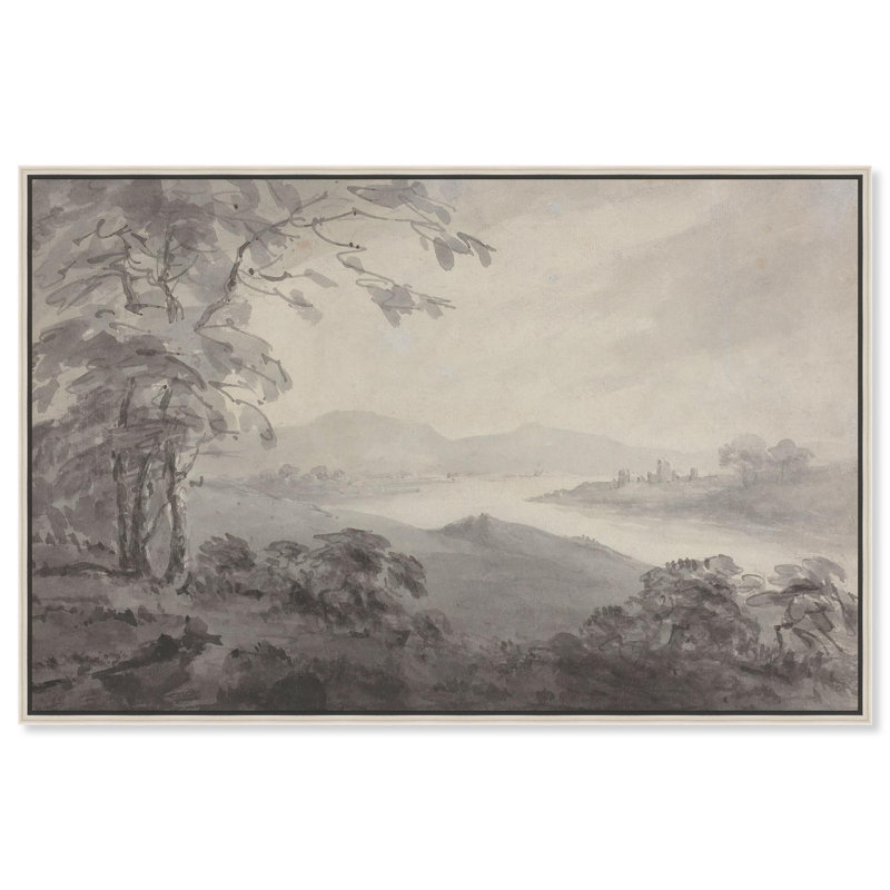 Paysage de rivière avec ruines, art rétro sur toile par Art Remedy, Cadre argenté, H 17 po x l 25 po
