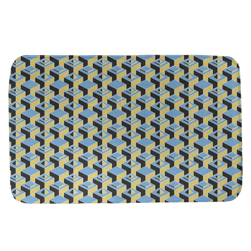Tapis de bain géométrique antidérapant à motif de gratte-ciels, l 17 po x L 24 po, Bleu sarcelle/jaune