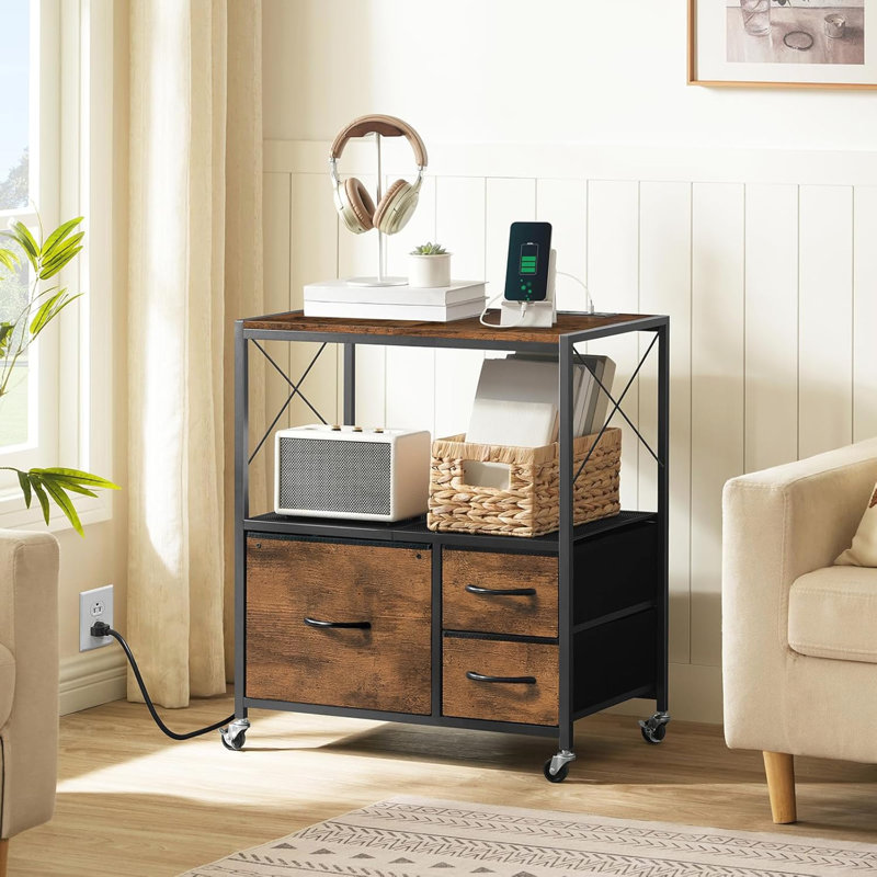 Rustic Brown 3-Drawer Lateral File Cabinet - Charging Station, Mobile Printer Stand With Open Shelf (Nonwovens Drawers, Fits A4/Letter Size For Home Office)