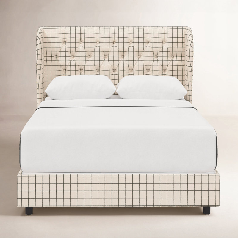 Tomey Upholstered Wingback Bed, Twin, Line Tattersall Green